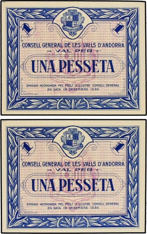 General Council of Andorra
Lote 2 billetes 1 Pesseta. 19 Desembre 1936. CONSELL ...