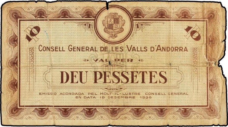 General Council of Andorra
10 Pessetes. 19 Desembre 1936. CONSELL GENERAL DE LES...