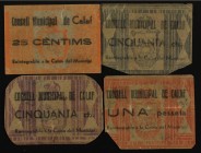 Paper Money of the Civil War
Lote 4 billetes 25, 50 Cèntims (2) y 1 Pesseta. C.M. de CALAF. Celuloide. A EXAMINAR. ESCASOS. AT-576, 578, 579, 586. MBC...