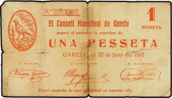 Paper Money of the Civil War
1 Pesseta. 22 Juny 1937. C.M. de GARCIA. (Roturas). RARO. AT-1087. (BC+). 
