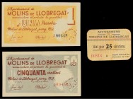 Paper Money of the Civil War
Lote 3 billetes 25, 50 Cèntims y 1 Pesseta. Juny 1937 y Novembre 1937. Aj. de MOLINS DE LLOBREGAT. 25 Cts. MUY ESCASO. AT...