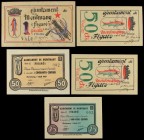 Paper Money of the Civil War
Lote 5 billetes 25, 50 Cèntims (3) y 1 Pesseta. 1 Abril 1937. Aj. de MONTMANY (FIGARÓ). 25 Cts. Serie C (AT-1585b) numera...