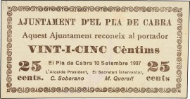 Paper Money of the Civil War
25 Cèntims. 10 Setembre 1937. Aj. d´ EL PLÀ DE CABRA. ESCASO. AT-1847. SC. 