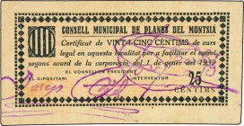 Paper Money of the Civil War
25 Cèntims. 1 Gener 1937. C.M. de PLANES DE MONTSIÀ. Firma del President (Josep Cid) estampillada en violeta como la del ...