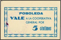 Paper Money of the Civil War
5 Cèntims. COOPERATIVA GENERAL DE POBOLEDA. ESCASO. AT-1937. SC-. 