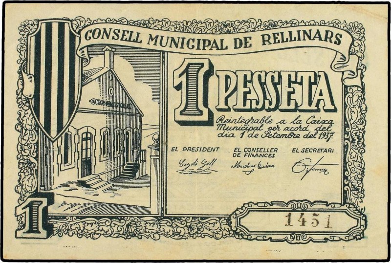 Paper Money of the Civil War
1 Pesseta. 1 Setembre 1937. C.M. de RELLINARS. RARO...