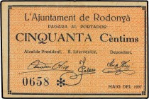 Paper Money of the Civil War
50 Cèntims. Maig 1937. Aj. de RODONYÀ. (Leves manchitas). RARO. AT-2194. MBC+. 