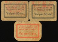 Paper Money of the Civil War
Lote 3 billetes 50 Cèntims (2), 1 Pesseta. Aj. de VALLBONA  D´ ANOIA. Cartón. (Algo sucios). A EXAMINAR. RAROS. AT-2641a,...