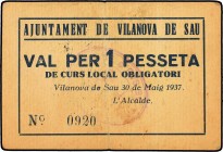 Paper Money of the Civil War
1 Pesseta. 30 Maig 1937. Aj. de VILANOVA DE SAU. Sello tampón en anverso y reverso. MUY ESCASO. AT-2855. MBC+. 