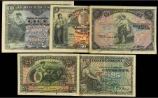 Paper Money of the Civil War
Lote 5 billetes 25 (2), 50 (2) y 100 Pesetas. 30 Junio 1906, 24 Septiembre 1906 y 15 Julio 1907. A EXAMINAR. Ed-313a, 314...