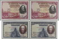 Spanish Banknotes Lots and Collections
Lote 21 billetes 1, 2, 5 (2), 25 (3), 50 (7), 100 (5) y 500 Pesetas. 1928 a 1938. Tres con tampón INUTILIZADOS,...