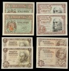 Spanish Banknotes Lots and Collections
Lote 8 billetes 1 Peseta. 1938 a 1951. Febrero 38 Serie B Pareja correlativa; Dama Elche Serie C Pareja correla...