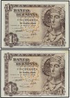 Spanish Banknotes Lots and Collections
Lote 14 billetes 1 Peseta. 1948, 1951 y 1953. A EXAMINAR. Ed-457 (2), 461a (7), 465, 465a (4). SC- a SC. 
