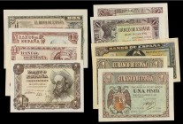 Spanish Banknotes Lots and Collections
Lote 9 billetes 1 (8) y 2 Pesetas. 1938 a 1953. Todos SC y todos diferentes. 1 Peseta: Feb. 38, Abril 38, Sep. ...