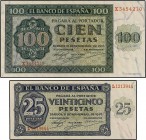 Spanish Banknotes Lots and Collections
Lote 2 billetes 25 y 100 Pesetas. 21 Noviembre 1936. Serie L y X. (Leve arruguita). Ed-419a, 421a. SC. 