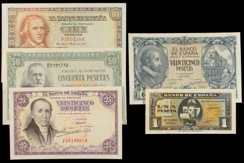 Spanish Banknotes Lots and Collections
Lote 5 billetes 1, 25 (2), 50 y 100 Peset...