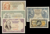 Spanish Banknotes Lots and Collections
Lote 5 billetes 1, 25 (2), 50 y 100 Pesetas. 1940 a 1948. Carabela Serie A SC-, Herrera Serie E MBC+, Florez Es...