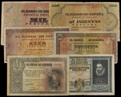 Spanish Banknotes Lots and Collections
Lote 6 billetes 50,100, 500 (3) y 1.000 Pesetas. 1938 y 1940. Incluye 50 Pesetas Castillo de Olite, 100 Pesetas...