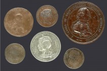 Spanish Medals
Lote 6 medallas. 1796 a 1888. CARLOS IV, FERNANDO VII (2), ISABEL II, ALFONSO XII y XIII. AE, Br y latón plateado. CARLOS IV 1796 SOLVT...