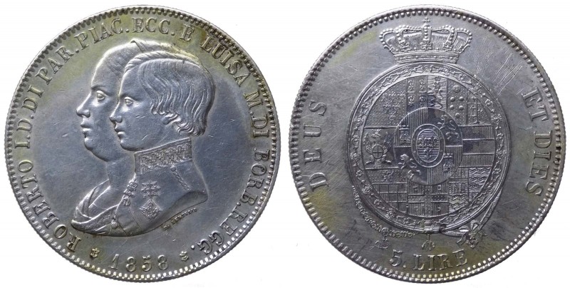 Zecche Italiane - Parma - Roberto I di Borbone (1854-1859) 5 Lire 1858 tipo con ...