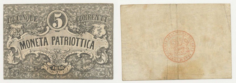 Banconote italiane - Venezia - Moneta Patriottica - 5 Lire Correnti 1848 - Rif.C...