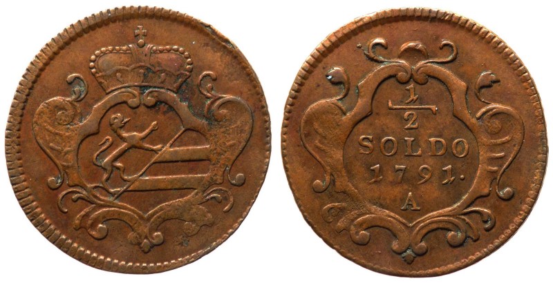 Gorizia - Leopoldo II (1790-1792) 1/2 Soldo 1791 A - Zecca di Vienna - CNI 3 - R...