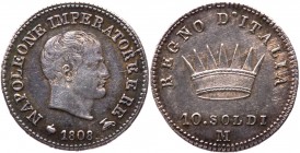 Milano - Napoleone I Re d'Italia (1805-1814) 10 Soldi 1808 con stelle in rilievo sul contorno - Gig. 175 - Tiratura 174.948 esemplari -R3 RARISSIMO - ...