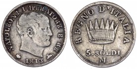 Milano - Napoleone I Re d'Italia (1805-1814) 5 Soldi 1813 - Gig. 195 - Ag 
BB