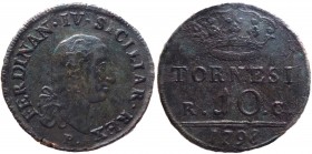 Regno di Napoli - Ferdinando IV di Borbone (1759-1816) 10 Tornesi 1798 - Gig. 113 - Cu - completamente ossidata - Periziata Cavaliere 
qBB