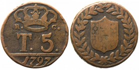 Regno di Napoli - Ferdinando IV di Borbone (1759-1816) 5 Tornesi I&deg; tipo 1798 variante sul dritto senza P - Gig.122a - R2 MOLTO RARA - Cu
BB