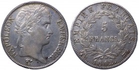 Roma - Napoleone I Imperatore (1804-1814) 5 Franchi 1812 del III° tipo Empire Francais - Gig. 30 - tiratura 50.000 esemplari - R - Ag 
BB/SPL