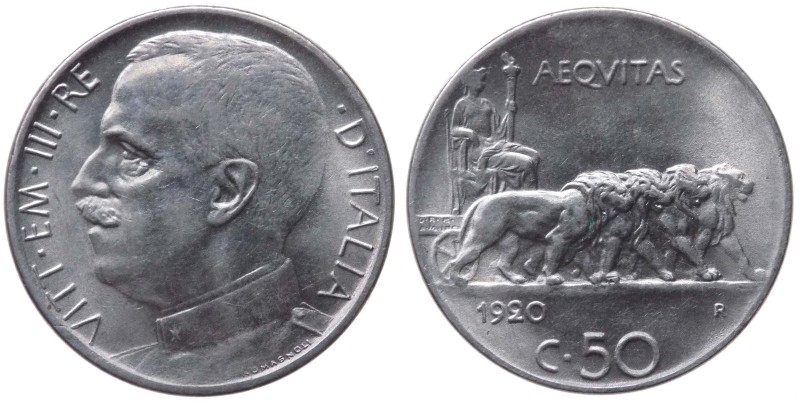 Vittorio Emanuele III (1900-1943) 50 Centesimi 1920 "Leoni" - Contorno Liscio - ...