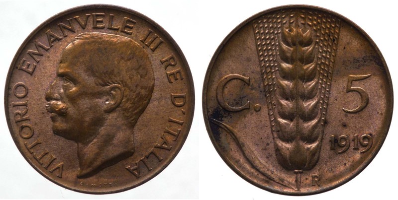 Vittorio Emanuele III (1900-1943) 5 Centesimi 1919 "Spiga" del II° Tipo - Gig. 2...