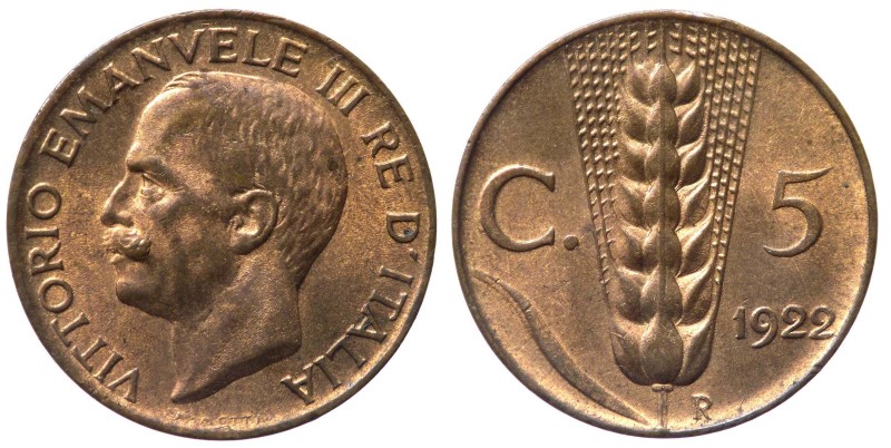 Vittorio Emanuele III (1900-1943) 5 Centesimi 1922 "Spiga" del II° Tipo - Gig. 2...