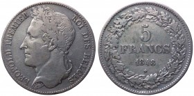 Belgio - Leopoldo I (1849-1865) 5 Franchi 1848 - KM 3.2 - Ag 
MB+