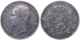 Belgio - Leopoldo I (1849-1865) 5 Franchi 1865 - KM 17 - Ag 
qSPL