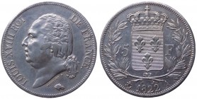 Francia - Luigi XVIII (1814-1824) 5 Franchi 1822 A - zecca di Parigi - KM 711.1 - Ag 
SPL+