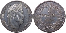 Francia - Luigi Filippo I (1830-1848) 5 Franchi 1836 W - zecca di Lilla - KM 749.13 - Ag 
BB