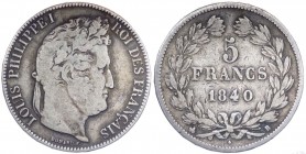 Francia - Luigi Filippo I (1830-1848) 5 Franchi 1840 B - zecca di Rouen - KM 749.2 - Ag 
MB+