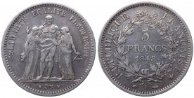 Francia - Seconda Repubblica (1848-1851) 5 Franchi 1848 A - zecca di Parigi - KM 756.1 - Ag 
BB
