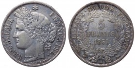 Francia - Seconda Repubblica (1848-1851) 5 Franchi 1851 A - zecca di Parigi - KM 761.1 - Ag 
qBB
