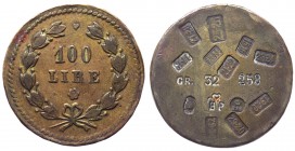 Italia - Regno d'Italia - Savoia 100 Lire in corona di alloro e quercia con contromarche - AE gr. 32,21
SPL