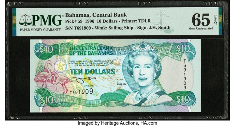 Bahamas Central Bank 10 Dollars 1996 Pick 59 PMG Gem Uncirculated 65 EPQ. 

HID0...