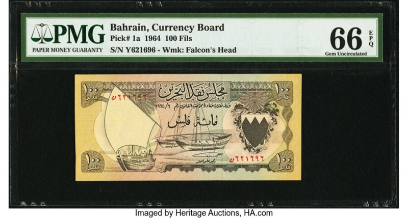 Bahrain Currency Board 100 Fils 1964 Pick 1a PMG Gem Uncirculated 66 EPQ. 

HID0...