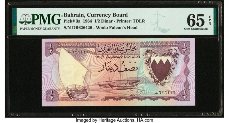 Bahrain Currency Board 1/2 Dinar 1964 Pick 3a PMG Gem Uncirculated 65 EPQ. 

HID...