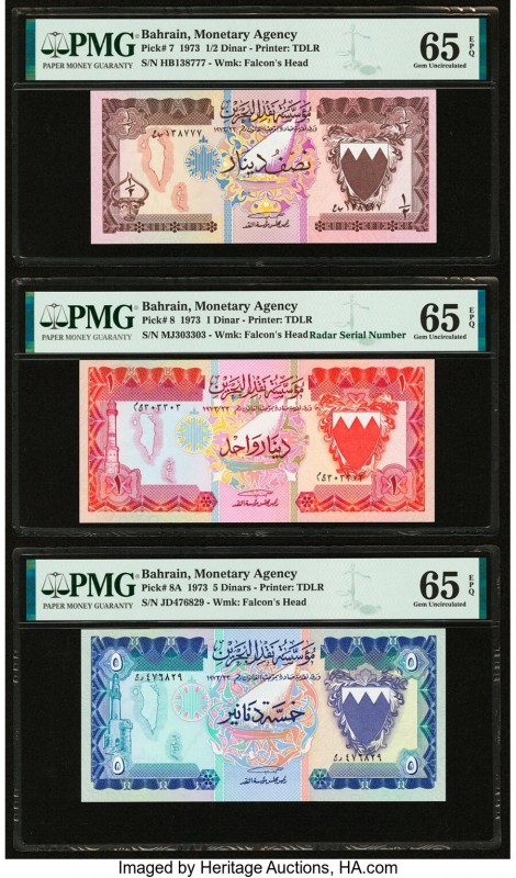 Bahrain Monetary Agency 1/2; 1; 5 Dinars 1973 Pick 7; 8; 8A Three Examples PMG G...