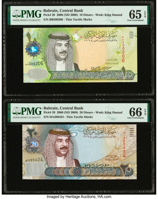 Bahrain Central Bank of Bahrain 10; 20 Dinars 2006 (ND 2008) Pick 28; 29 Two Exa...