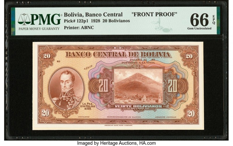 Bolivia Banco Central 20 Bolivianos 20.7.1928 Pick 122p1 Front Proof PMG Gem Unc...