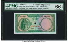 Cambodia Banque Nationale du Cambodge 5 Riels ND (1962-75) Pick 10cts Color Trial Specimen PMG Gem Uncirculated 66 EPQ. Red Specimen overprints; one P...