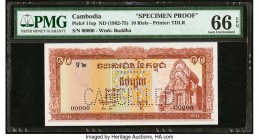 Cambodia Banque Nationale du Cambodge 10 Riels ND (1962-75) Pick 11sp Specimen Proof PMG Gem Uncirculated 66 EPQ. Roulette Cancelled punch.

HID098012...